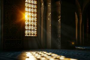 AI generated Islamic background light with mosque window ornament scene photo