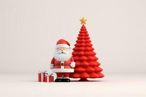 ai generado 3d prestados mínimo Papa Noel cláusula con Navidad árbol y regalos en pastel antecedentes foto
