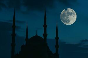 AI generated islamic background of silhouette islamic mosque at night with moon on blue sky photo