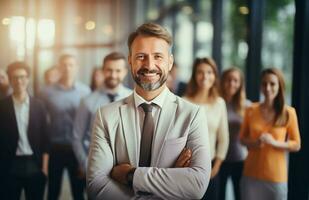 AI generated confident businessman with colleagues in background photo