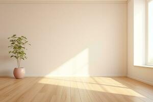 AI generated Empty white room with a wooden floor and plants. minimal with copy space photo