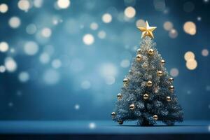 AI generated Blue Decorated christmas tree on wooden table and blue blurred background. Copy space photo