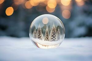 AI generated Crystal ball with a snowy christmas tree fir tree inside falling snow realistic holiday decoration photo