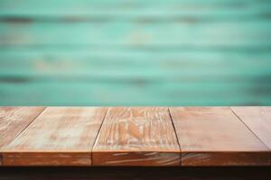 AI generated blue blurry sky with wooden planks product background photo