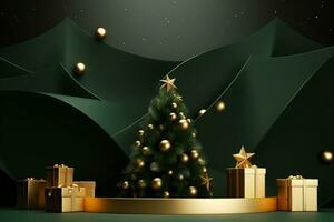 AI generated merry Christmas 3d rendered green Podium display for event photo