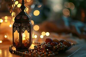 AI generated Ornamental Arabic lanterns. Glittering golden bokeh lights. Plate with date fruit on the table photo