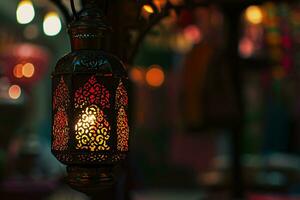AI generated An illuminated Arabic colorful hanging Ramadan lantern photo