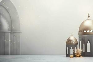 AI generated Arabic lantern in mosque shape glowing for Muslim holy month Ramadan Kareem photo