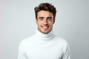 AI generated portrait of happy man wearing high-necked on white isolated background photo