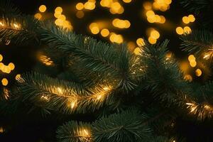 AI generated christmas fir tree branch with close up decorated by lights photo