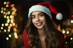 ai generado retrato joven bonito asiático mujer en rojo Papa Noel claus disfraz sonrisa foto