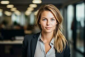 AI generated Portrait of successful and happy businesswoman, office worker smiling and looking at camera, working inside modern office. photo