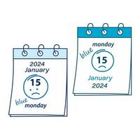 Calendar sheet with Blue Monday 2024 date January 15th and hand drawn smiley face. Set of 2 options vector