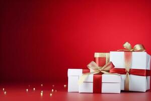 AI generated white gift boxes with silk ribbon bows and golden confetti on isolated red background photo