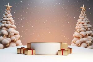 AI generated 3d rendered white and snowy Podium display for merry Christmas event photo