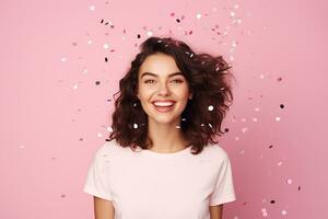 AI generated Portrait of beautiful young woman with confetti on isolated background generative AI photo