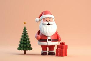 AI generated 3d rendered minimal santa clause with christmas tree and gifts on pastel background photo