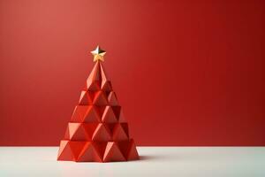 AI generated Red Christmas tree made with card paper copy space red isolated background photo