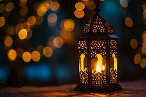 AI generated Ornamental Arabic lanterns. Glittering golden bokeh lights on the table photo