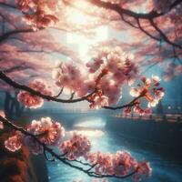 AI generated Hyper realistic Sakura Cherry Blossom Tree Leaves Japanese Festival Morning Dew Osaka Tokyo photo