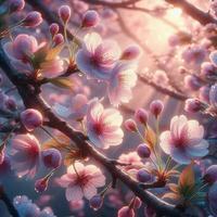 AI generated Hyper realistic Sakamura Cherry Blossom Tree Leaves Japanese Festival Morning Dew Osaka Tokyo photo