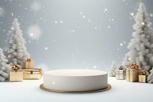AI generated 3d rendered white and snowy Podium display for merry Christmas event photo