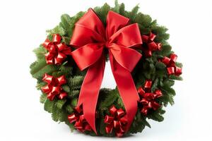 AI generated top view of decorative festive wreath with red and golden christmas toys isolated on white photo