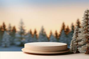 AI generated Christmas theme wooden podium pedestal or platform background with bokeh light and pine tree photo