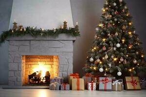 AI generated View of beautifully decorated christmas tree in home photo