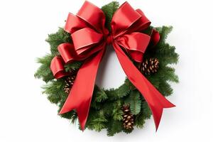 AI generated top view of decorative festive wreath with red and golden christmas toys isolated on white photo