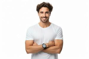 AI generated handsome bearded man doing thumbs up on isolated white background photo