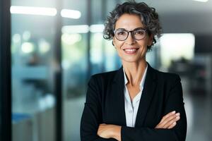 AI generated Portrait of successful and happy businesswoman, office worker smiling and looking at camera with crossed arms, working inside modern office. photo