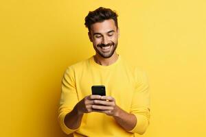AI generated man looking at phone standing isolated on yellow background photo