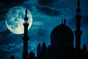 AI generated islamic background of silhouette islamic mosque at night with moon on blue sky photo