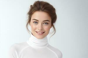 AI generated portrait of happy woman wearing high-necked on white isolated background photo