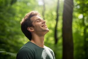 AI generated closeup portrait of sportsman in park with eyes closed breathing fresh photo