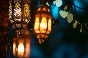 AI generated An illuminated Arabic colorful hanging Ramadan lantern photo