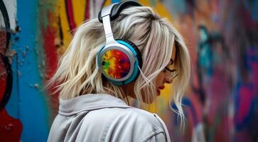 AI generated pretty fashion girl on abstract background with headphones, girl listening to music with headphones, fashion girl on abstract background photo