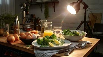 ai generado delicioso comida en el mesa, comida fondo, sano comida foto