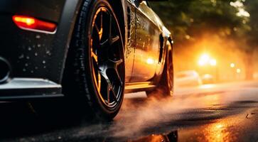 AI generated car driving on the road, close-up of a sports car doing burnout on the street, car doing burnout, close-up of car photo