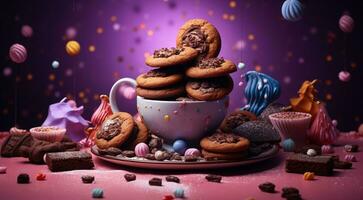 AI generated sweets on the abstract background, cookies on the table, sweets, chocolate, colorful background, delicious sweets, sweet background banner photo