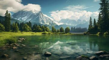 AI generated lake in the mountains, lake with forest, scenic view of the lake photo