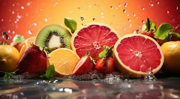 ai generado delicioso de colores frutas en de colores fondo, fondo de pantalla de frutas, rebanado frutas en resumen fondo, frutas antecedentes foto