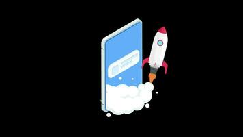 seo Boost Startup Business with rocket mobile phone or smartphone animation with Alpha Channel. video