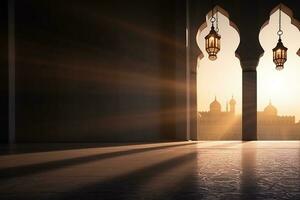 AI generated moon light shine through the window into islamic mosque interior photo