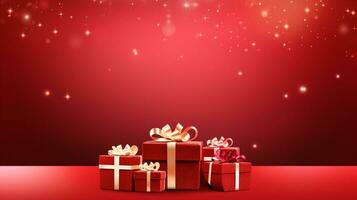 AI generated red Christmas gift on red background photo