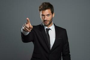 AI generated young smiling man in formal wear pointing with finger on you photo