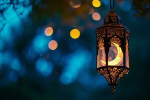 AI generated An illuminated Arabic colorful hanging Ramadan lantern photo