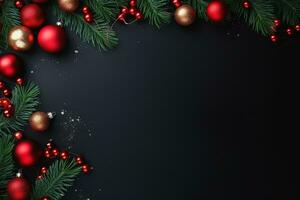AI generated christmas holidays composition of fir tree branches with baubles copy space photo