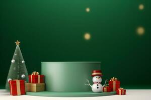 AI generated 3d rendered green Podium display for merry Christmas event photo